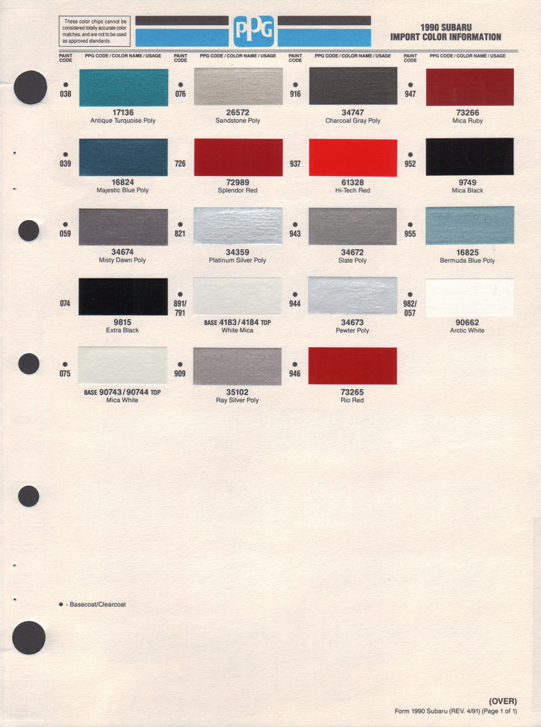 1990 Subaru Paint Charts PPG 1